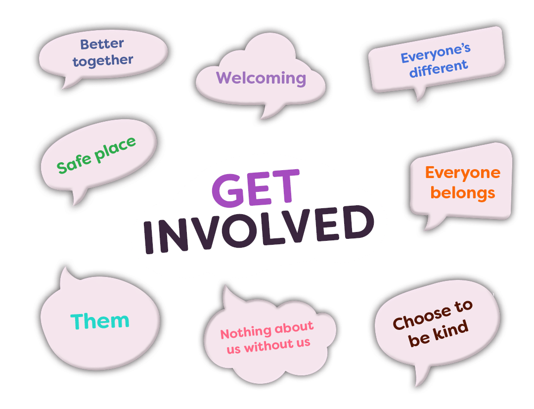 Get involved, surrounded by speech bubbles: better together, welcoming, everyone's different, safe place, everyone belongs, them, nothing about us without us, choose to be kind.