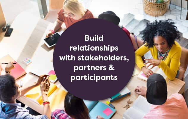 Build relationships with stakeholders, partners and participants